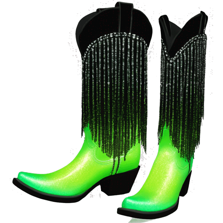 Realistic pastel lime green to black ombre pair of fashion cowgirl boots with sparkly shiny glitter fringe on them. emoji