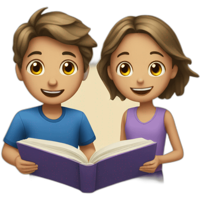 boy and girl of seven years old with an English textbook emoji