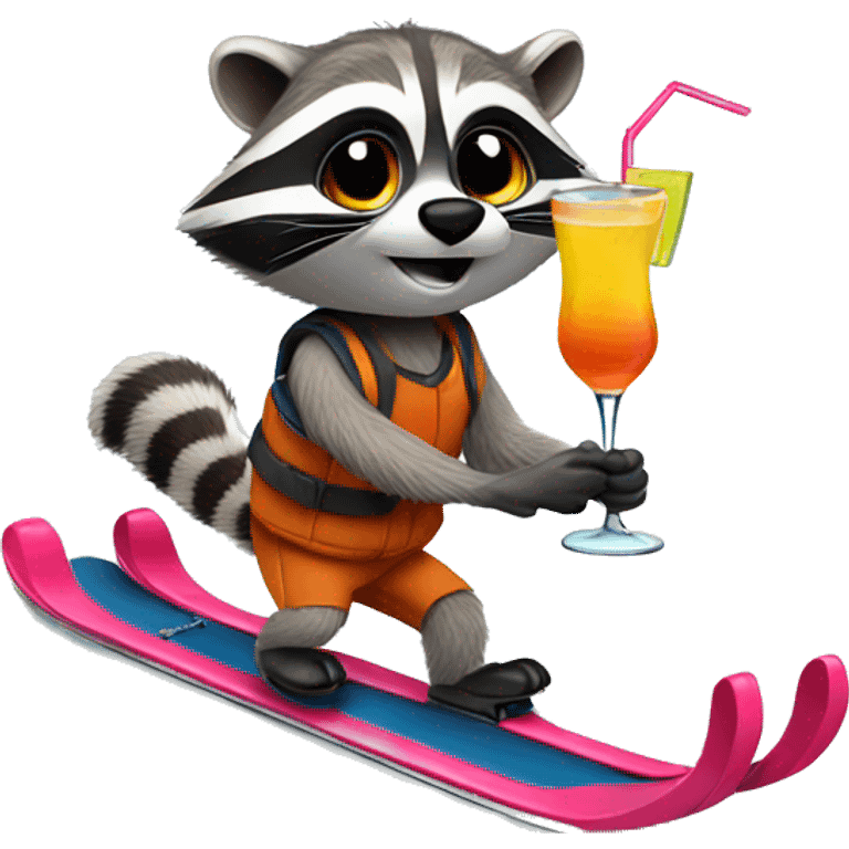 Racoon on skis whit cocktail emoji