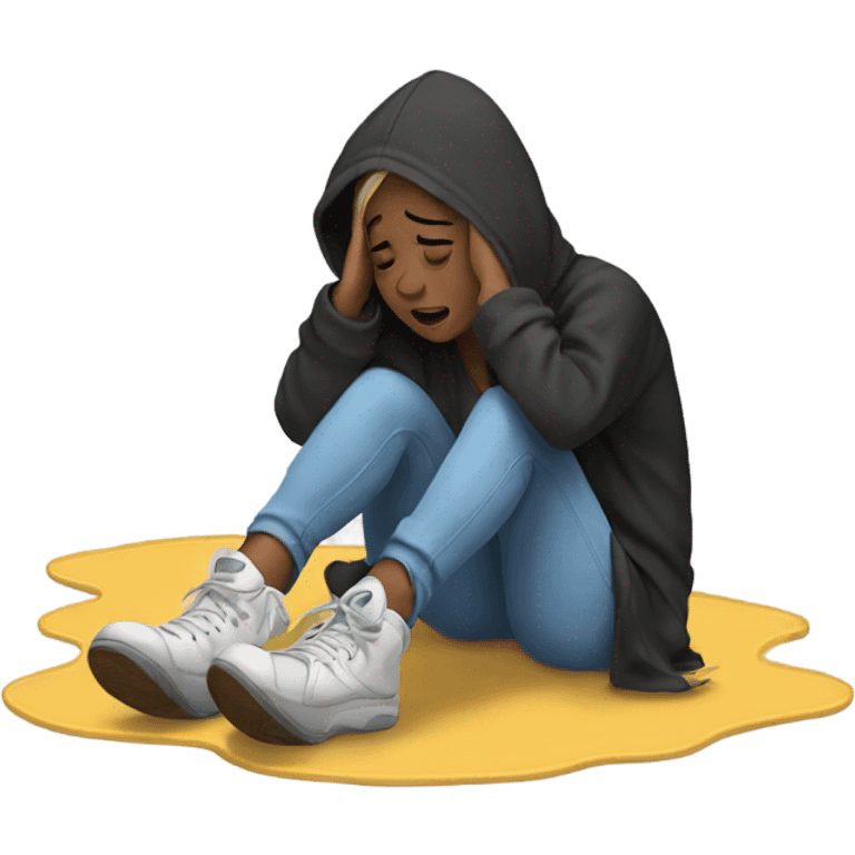 Girl wearing a hoodie laying on the floor crying emoji