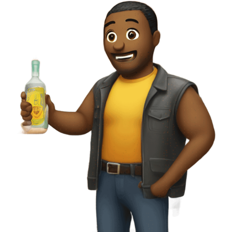 Guy buying a bottle of tequila from a hot dog stand emoji