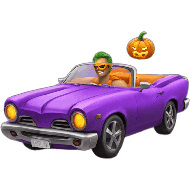 pumpkin superhero in a convertible with purple flames emoji