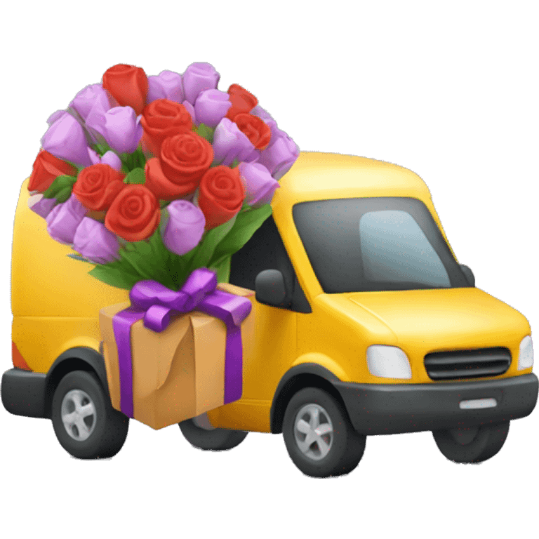 courier with auto delivering gift flowers delivery emoji