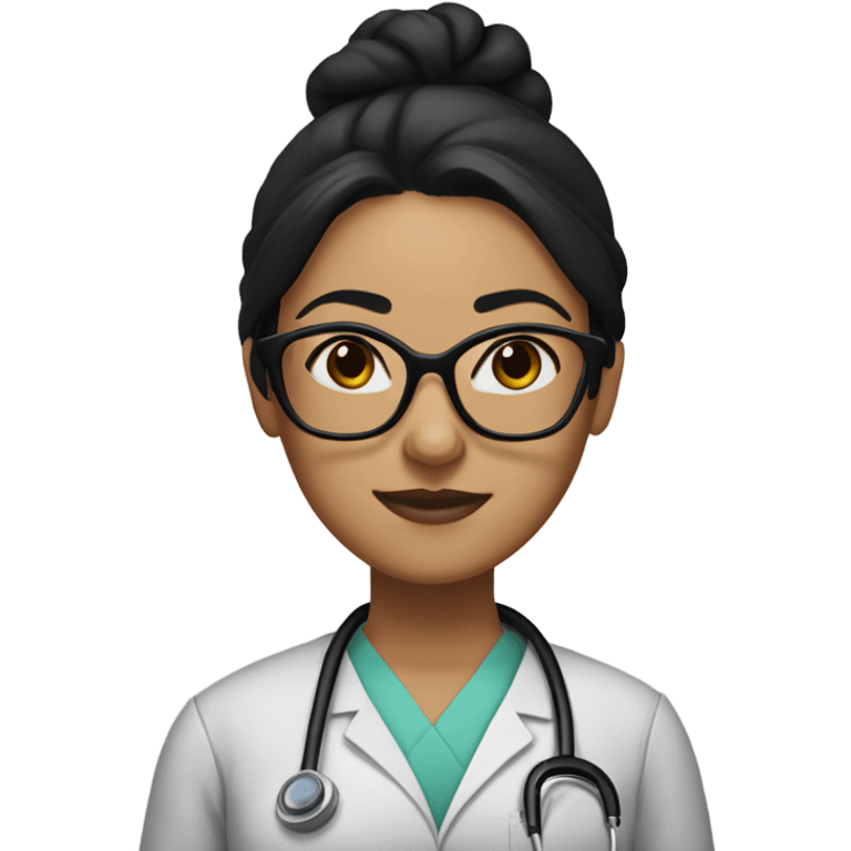 olive skinned woman doctor with black hair in a bun and glasses  emoji