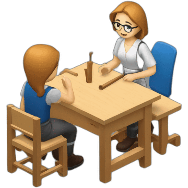 isometric woodworking teacher with student teaching emoji