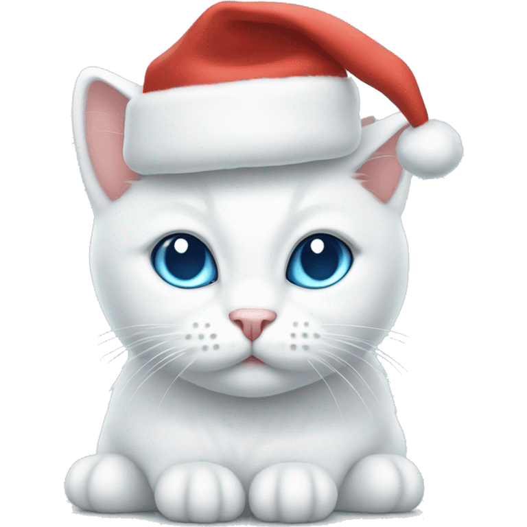 white cat with light blue eyes sitting and having a christmas hat on emoji