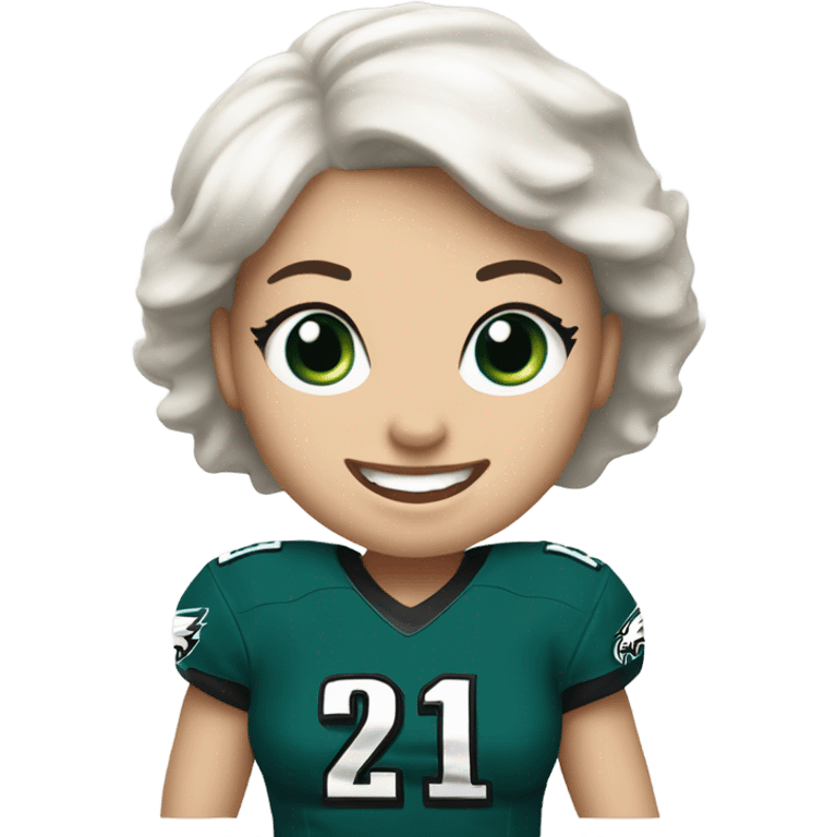 White female with light skin, short white hair with blue eyes wearing Philadelphia Eagles jersey cheering  emoji