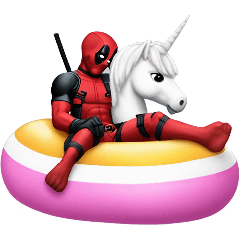 Deadpool chilling on a unicorn floatie emoji