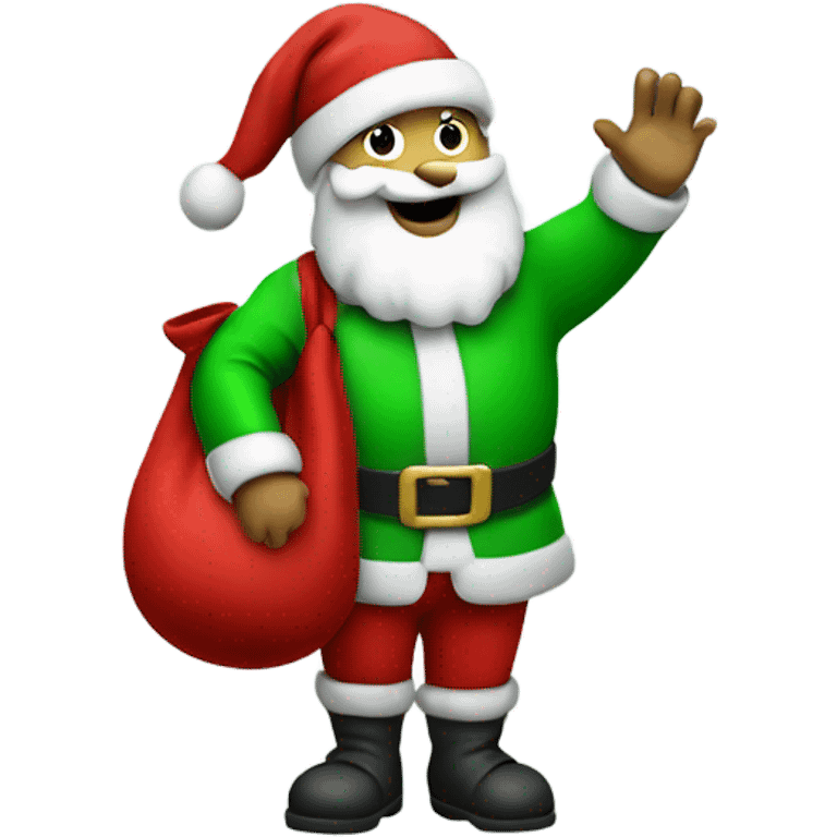 Santa Claus in a green suit and hat waving with his left hand holding a red sack over his right shoulder emoji