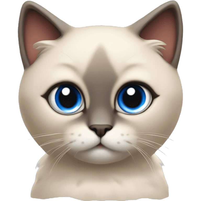 Long, chubby body, cute, flat beige fur, blue round eyes, round pupils, Siamese and ragdoll mix cat, a grey face pattern, fur in his ears, wearing a red ribbon, a long slim tail, darker paws, full body emoji