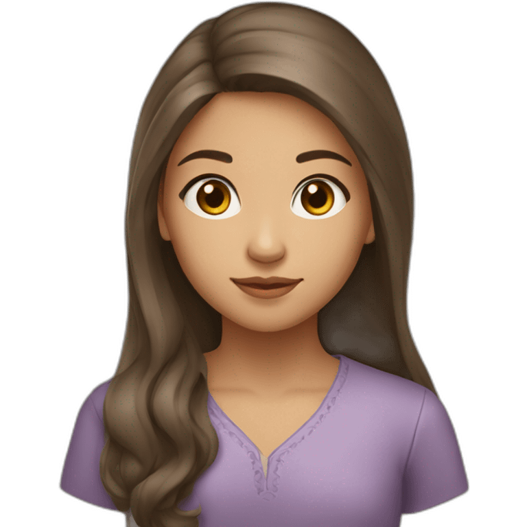 A young girl of Algerian origin with a round head, long brown hair and a small chin. emoji