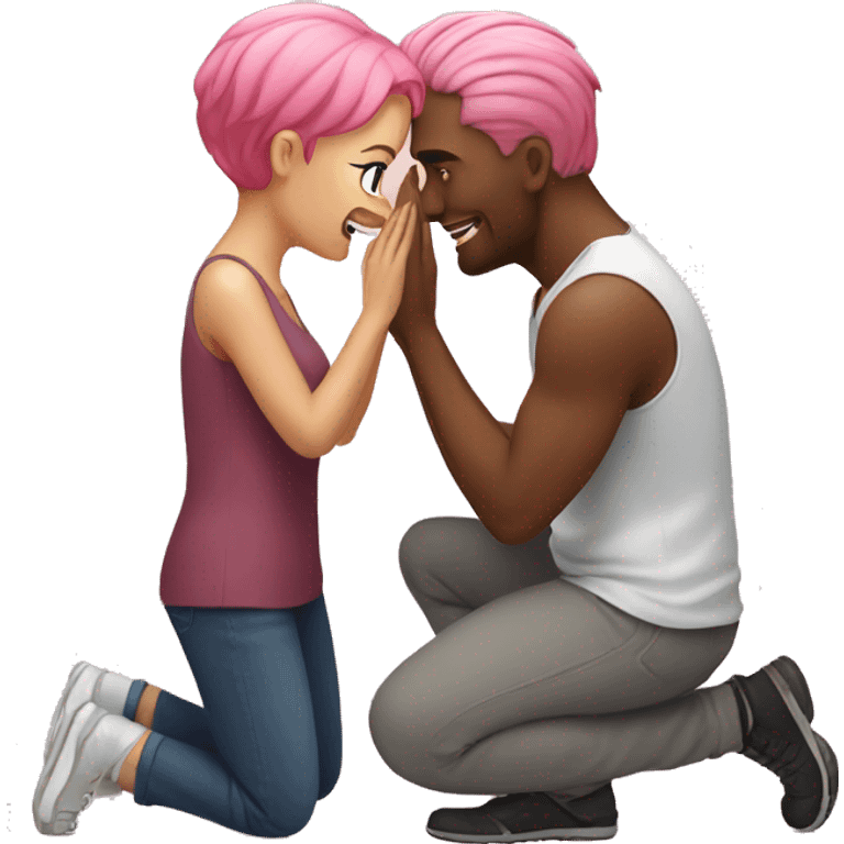 Man on his knees in front of a woman with pink hair emoji