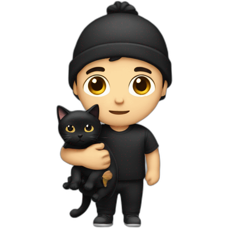 white male with black hair, with a hat wearing a tracksuit holding a black cat like a baby in arms emoji