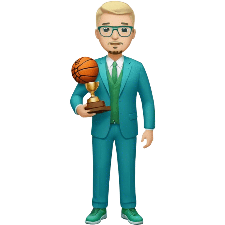 Full Body white male plus size body type  wearing glasses with a goatee with light blonde gray very short hair basketball head Coach in blue and green suit holding trophy emoji