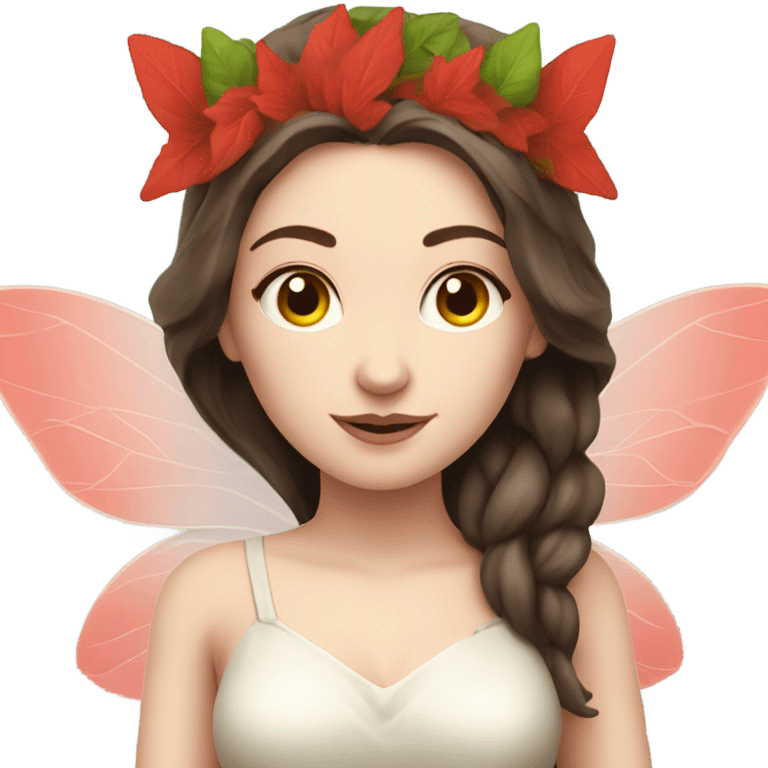 Pale skin, brunette fairy woman with red wings full body wearing leafs emoji