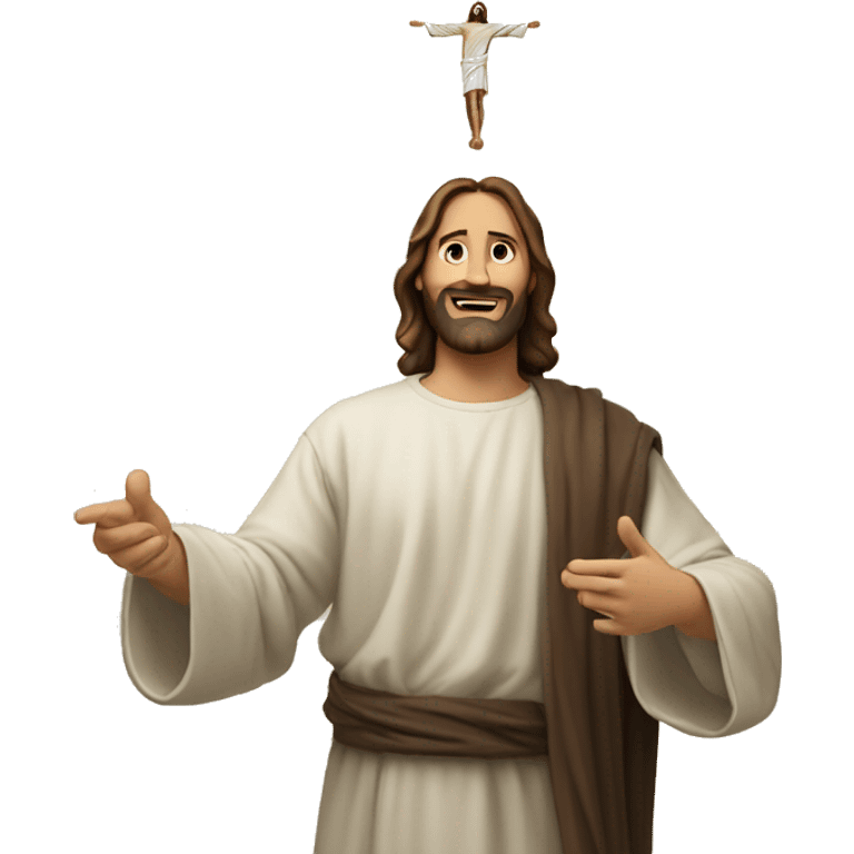 man with his fingers pointing towards the sky and with jesus above him emoji