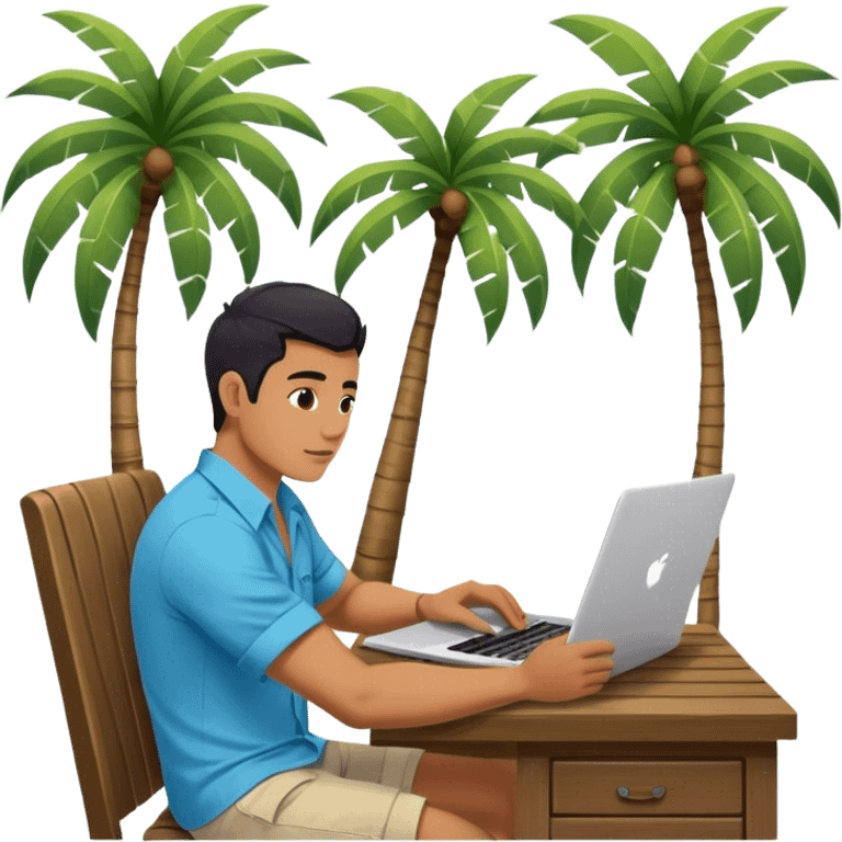 A digital nomad in bali working on a laptop wearing a tropical blue shirt with a palm tree on the side emoji