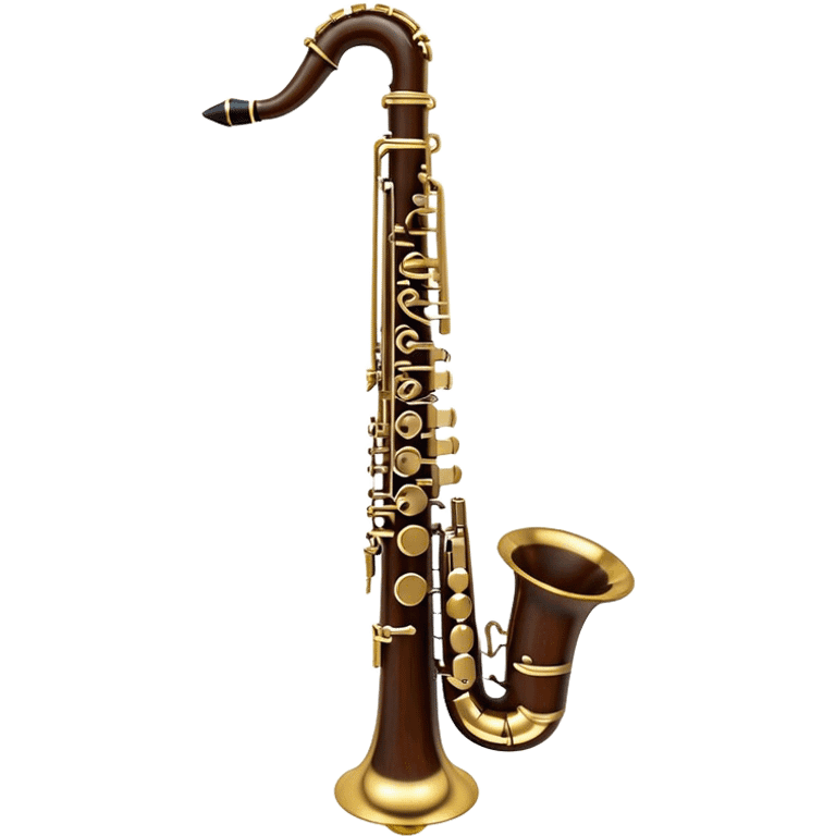 Create a refined and sophisticated emoji representing the Yamaha Custom Duet+ oboe. The design should feature the sleek, polished body of the oboe with elegant keywork details and a rich wood finish. The oboe should have a shiny, metallic look for its key components, and the bell should be subtly flared. Add musical notes or sound waves gently emanating from the instrument to reflect its melodic, smooth sound. Use warm, earthy tones like dark brown, gold, and silver to evoke the professional, classic vibe of a high-end woodwind instrument. The background should be transparent. emoji