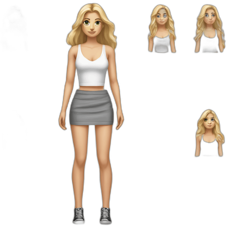 hyperrealistic caucasian blonde, long straight hair, white deep v-neck crop tanktop, gray tight mini skirt, body view emoji