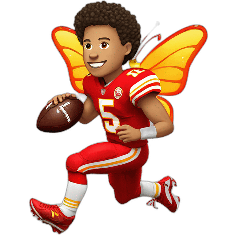 Mahomes with butterfly wings in his back running with a football in his hands emoji