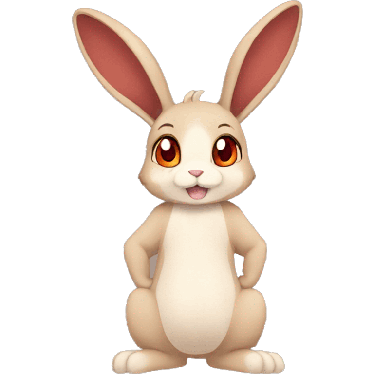 Cute, Anthro, Sona, Dark-Brown, Normal-type-Ground-type Tan-Rabbit-Fakémon with Dark-Red eyes, beige ears, beige belly, beige paws, beige feet, beige freckles, full body emoji