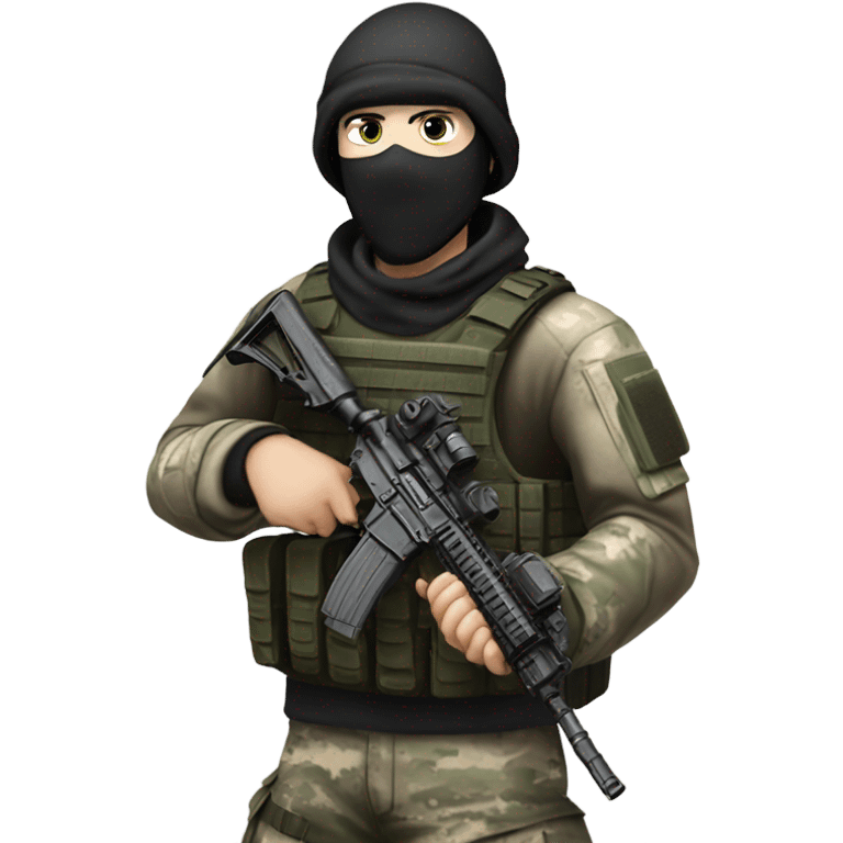 white male, pale skin, call of duty black face mask, camo tactical gear, combat boots, black beanie, hazel eyes emoji