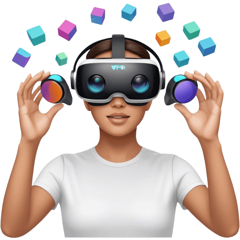 Create an emoji for the creation of VR/AR technology. Show a designer's hands holding a VR headset or AR glasses, with floating 3D models or virtual objects being manipulated in the air. Use modern, tech-inspired colors. Do not include any emojis or smiley faces. Make the background transparent. emoji