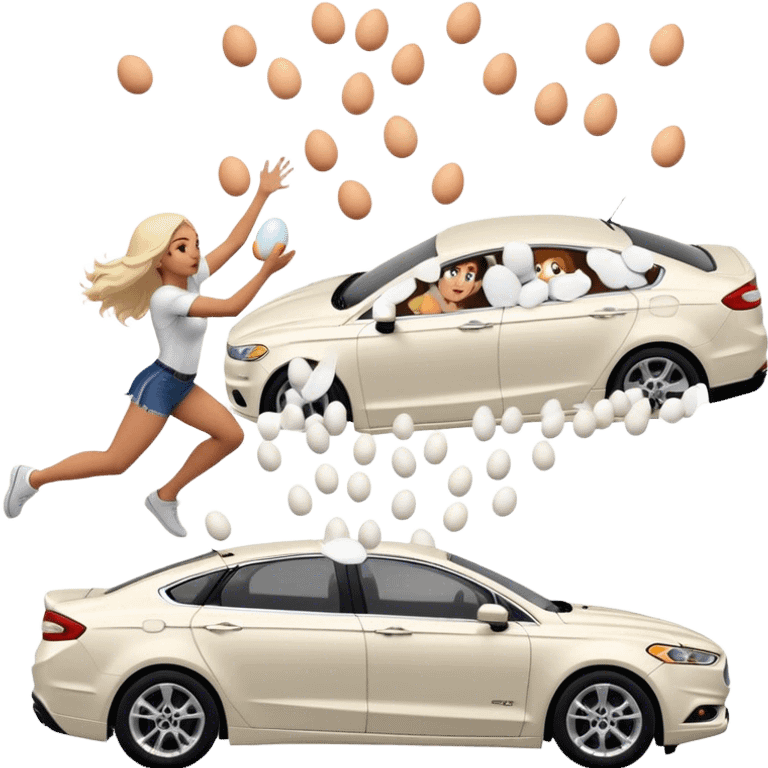 Crimal throwing massive amount of eggs at girl in white ford fusion emoji