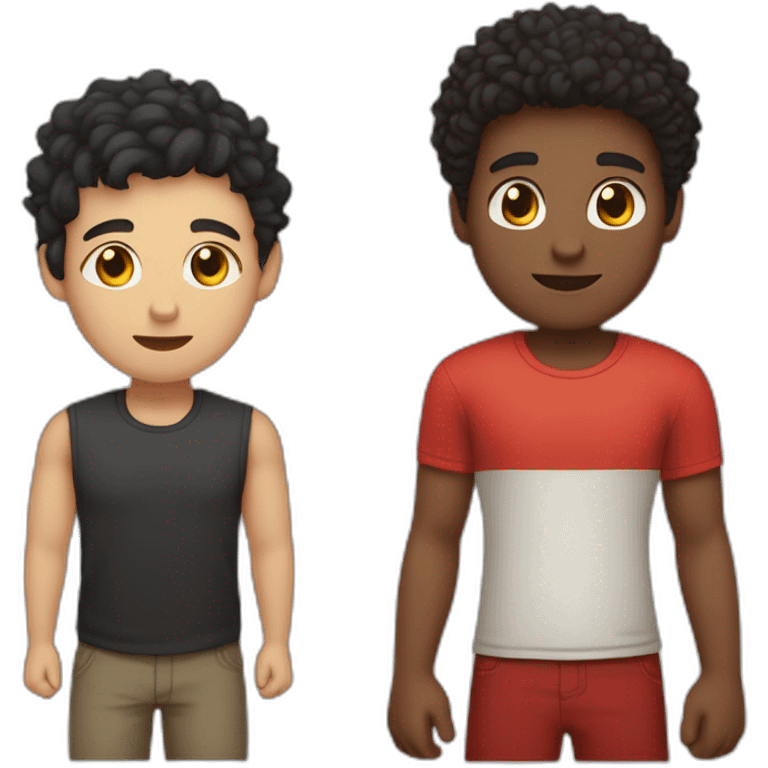 4 people, one chubby black guy with bear and black hair, one white guy with black short hair and a red tshirt, one black guy with curly hair and a girl with chesnut hair midlength emoji