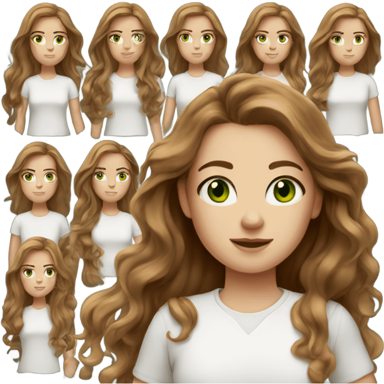 white girl. long brown hair. dark green eyes. white shirt. freckles. emoji