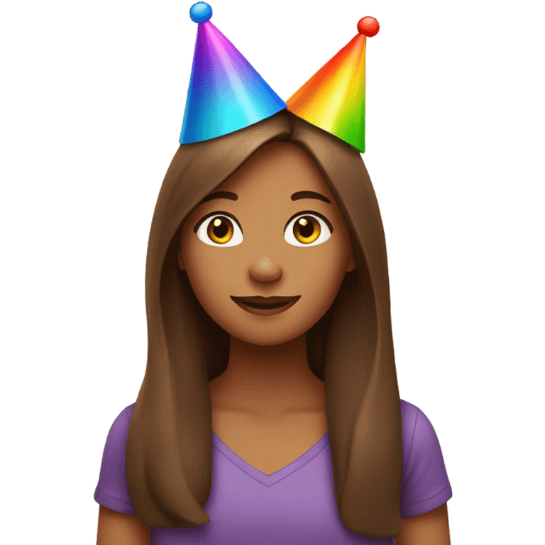 Girl with long brown hair wearing a birthday hat emoji