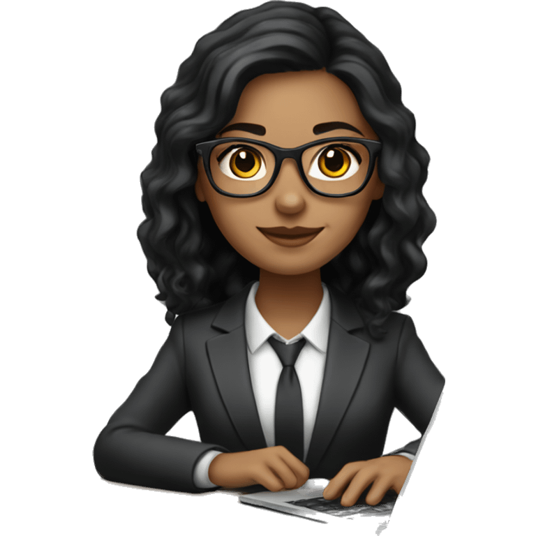 white girl with black hair wearing glasses and a classic suit working on laptop emoji