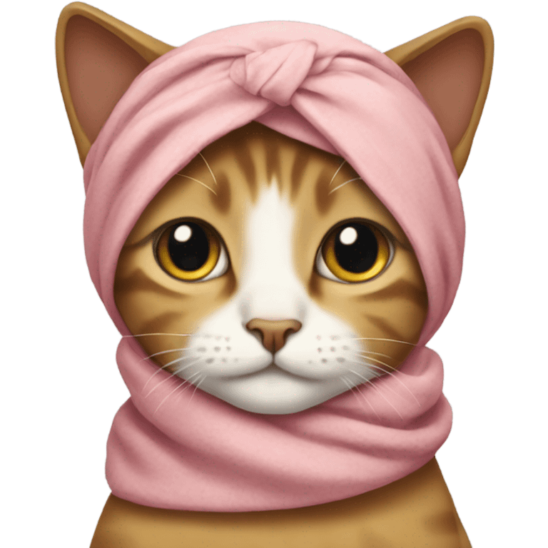 A cat wearing a headscarf tied under the chin like a babushka emoji