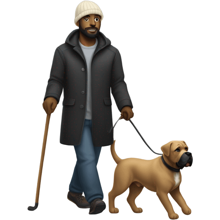 Black bald man with beard and beanie walking a Kane corso emoji