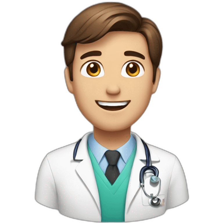 Male Doctor, happy, details, Short brown hair, combed to the side. Hearts around emoji