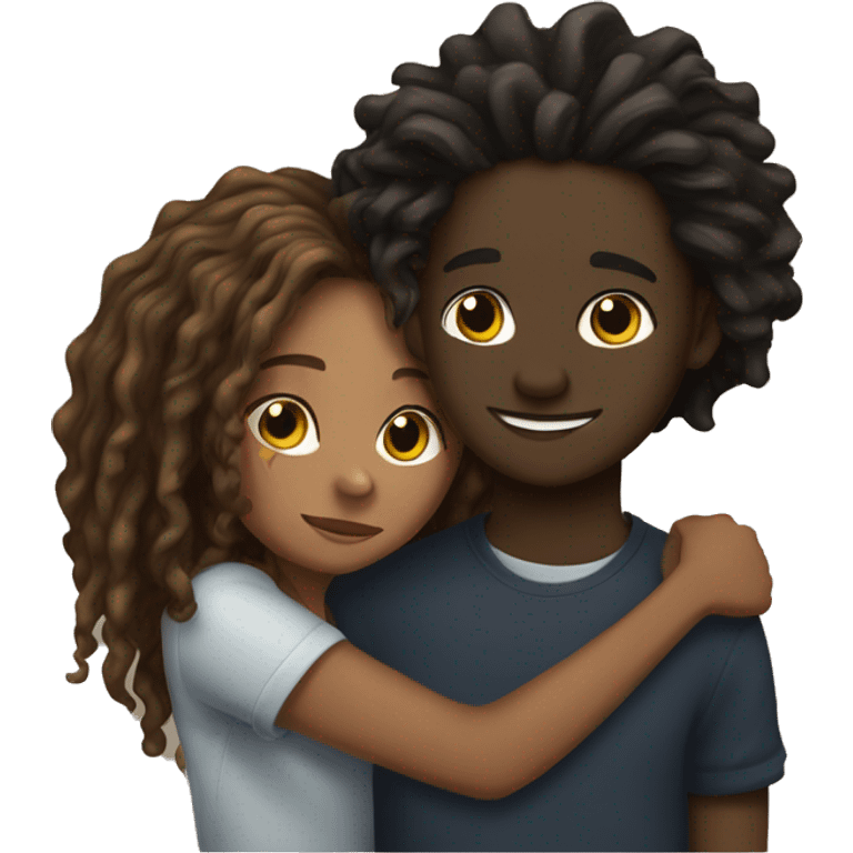 Brown girl with wavy hair hugging black boy who has dreads  emoji