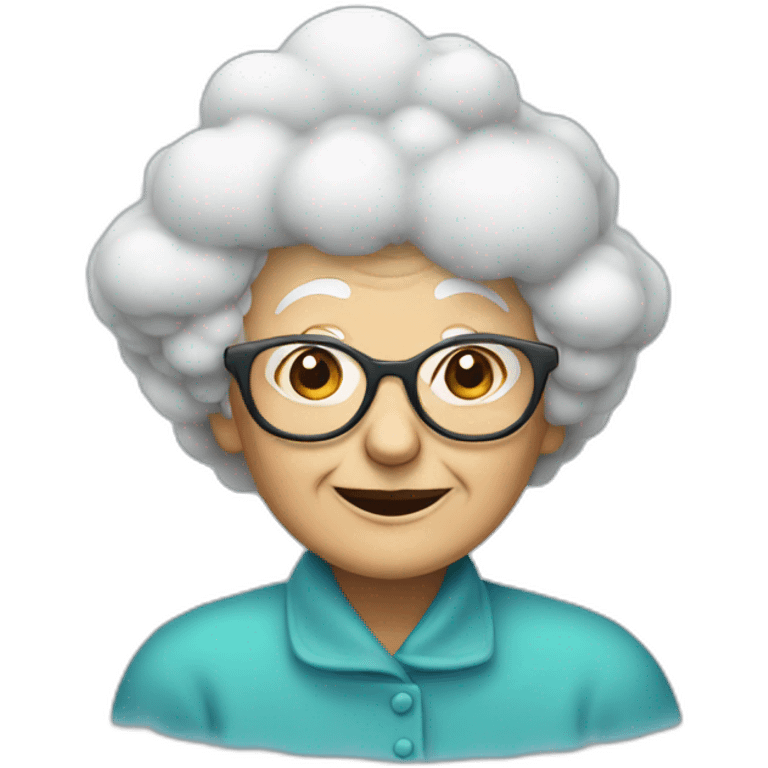 An old lady with glasses sitting on top of the cloud emoji