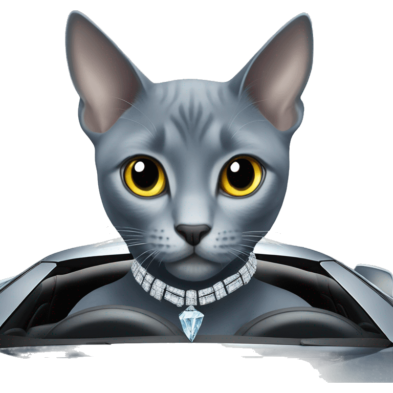 Russian Blue wearing a diamond necklace driving a Lamborghini  emoji