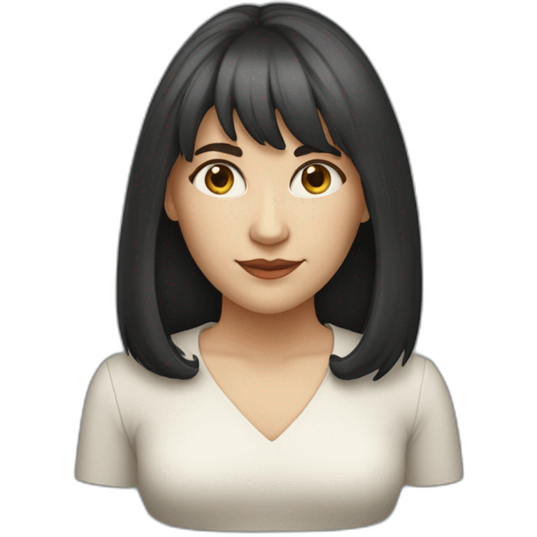 40 year old white woman with long dark hair and a fringe and oval shape face emoji