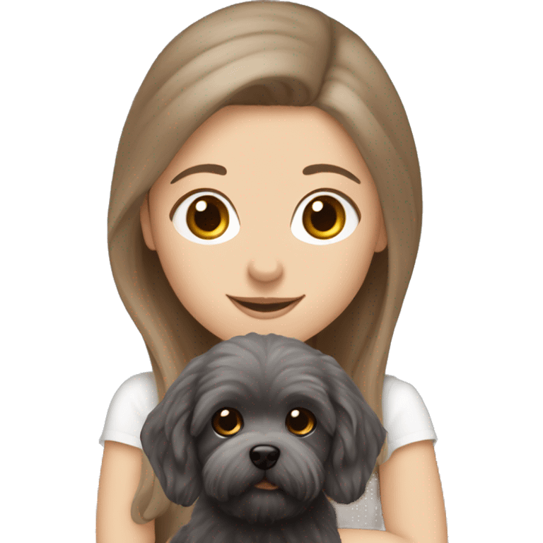 White Girl with brown long straight hair, holding a dark gray maltipoo with a white snout emoji