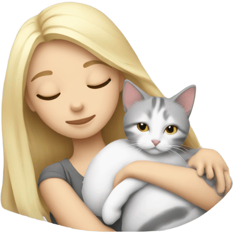 blonde girl side sleeping gray and white cat emoji