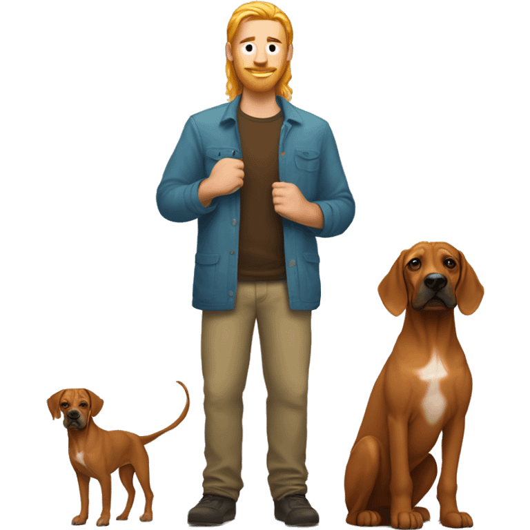 white male with long rainbow colored hair standing alongside a brown rhodesian ridgeback emoji