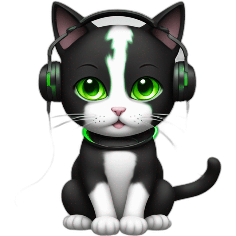 gamer black and white cat, green eye playing with headphones emoji