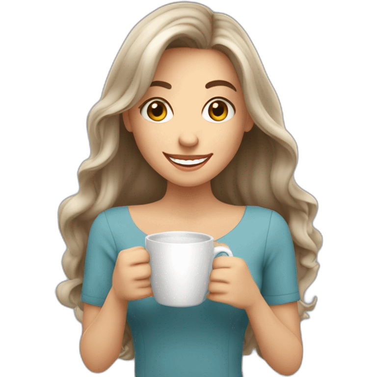 white young brunet woman with italian appearance long hair with face visible huge smile and eyes wide open holding a huge cup of coffee emoji