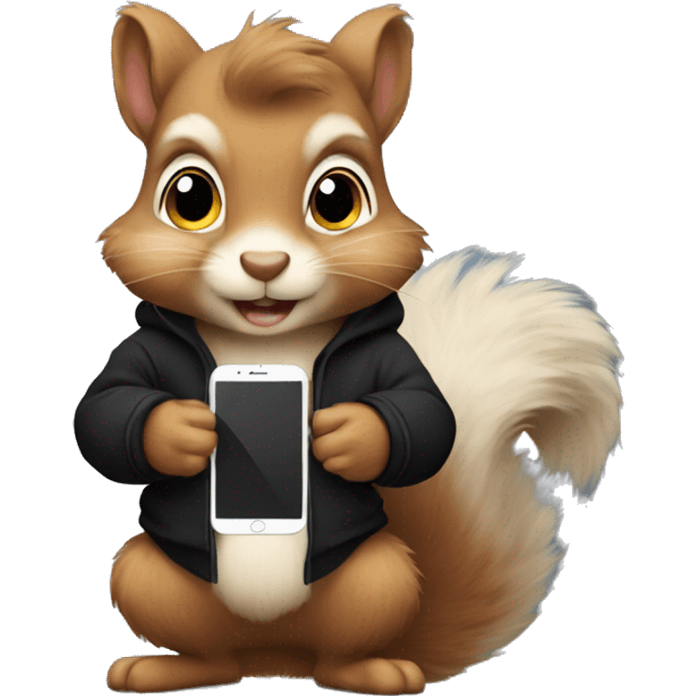 Cute fluffy Squirrel in black hoodie holding an iPhone  emoji