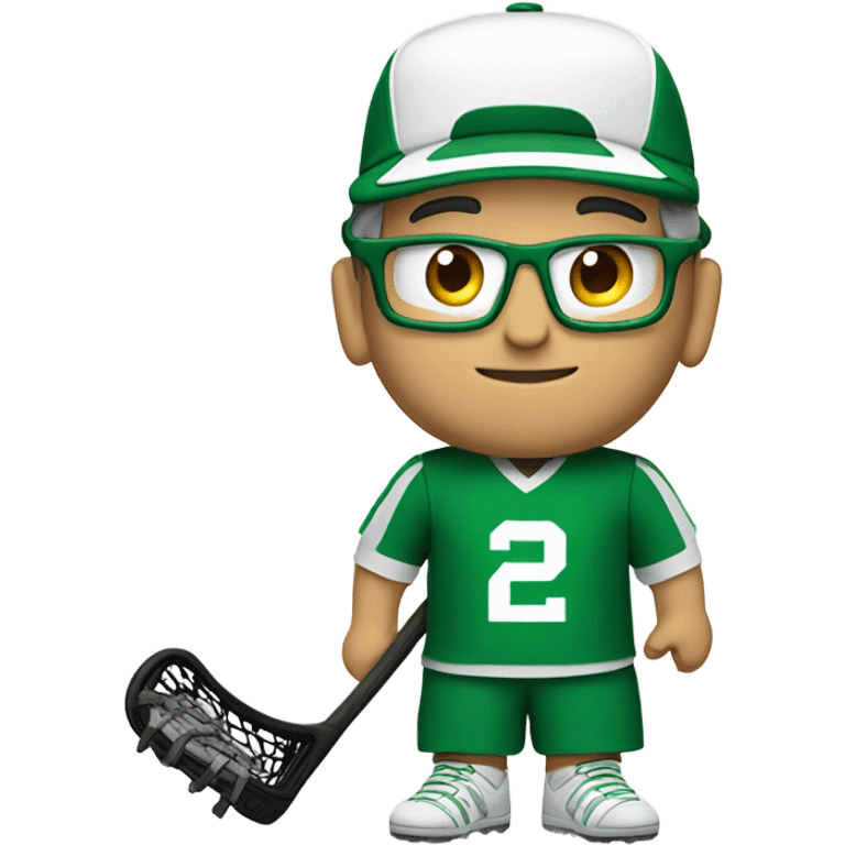 A white coach with Green and white clothing hat with  lacrosse coach with stick  emoji