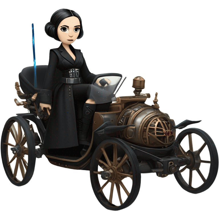 Wednesday Addams Jedi bounty hunter driving a modern blue,red and pewter steampunk electric luxury carriage  emoji