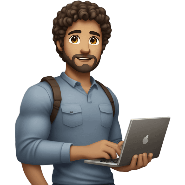 men holding his computer in hands. light brown skin men with curly dark hair, dark brown eyes, little grown beard. ust a tiny bit muscular. dressed casual. round face. emoji