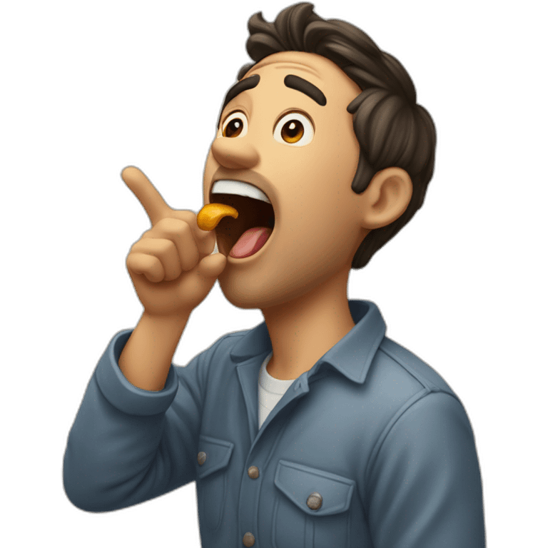 A guy with his tounge at the roof of his mouth with his mouth open, and his hand pointing at his jaw emoji