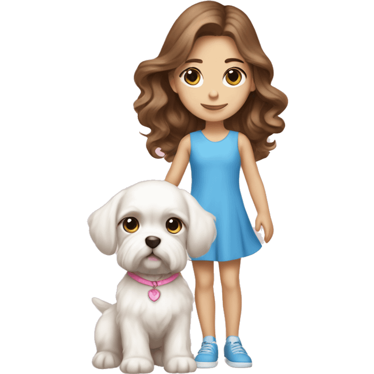 Brown hair blue eyes girl with maltese puppy with pink dress emoji